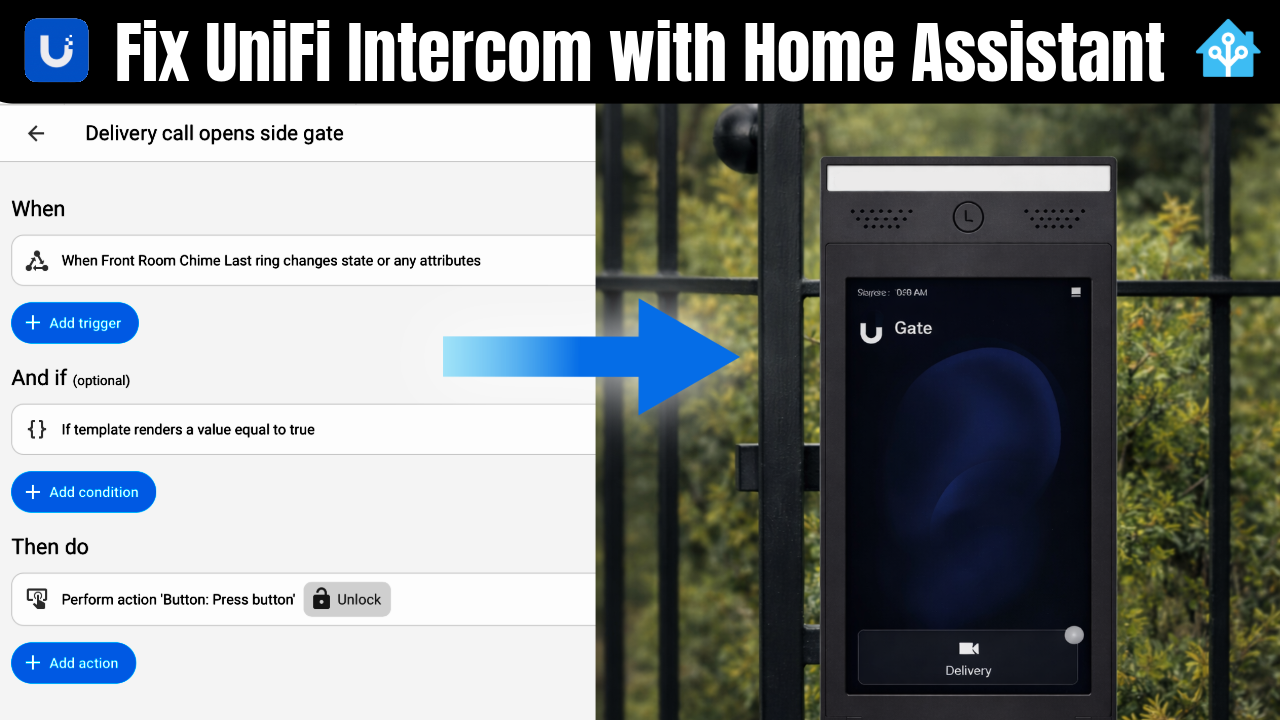 UniFi intercom Home Assistant gate control automation using delivery call to open side gate